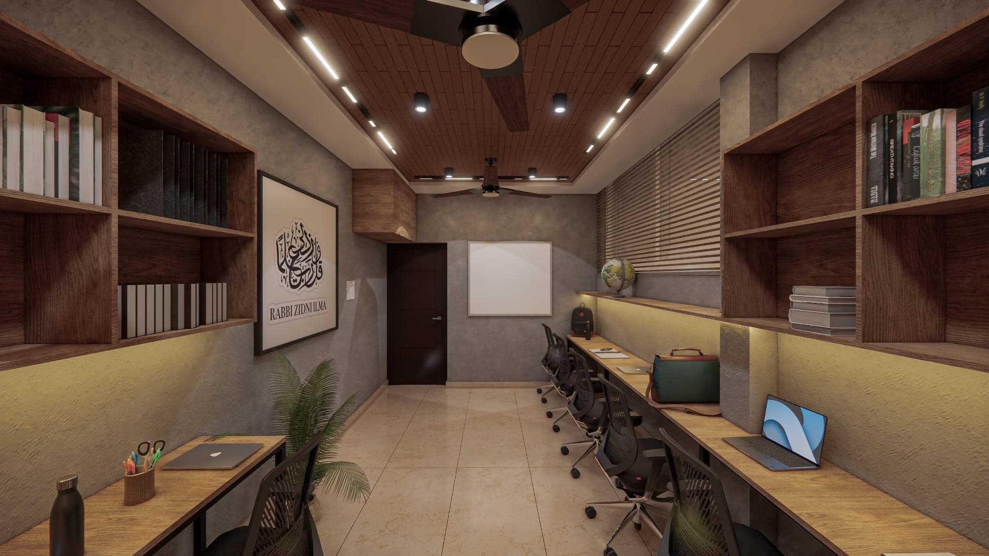 Design render of the finished study room with desks, shelves and a whiteboard
